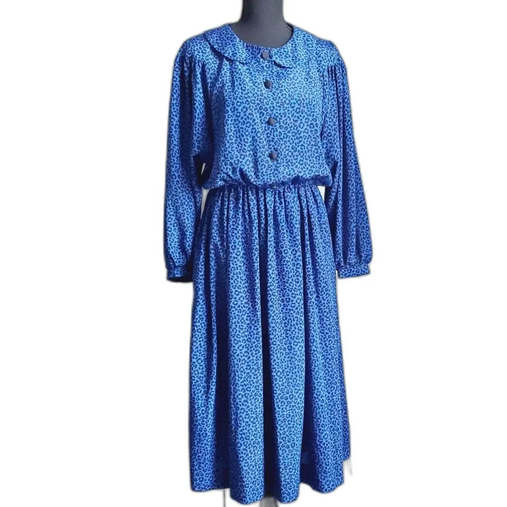 Vintage Tribute Blue Animal Print Dress Elastic Waist Long Sleeve Size M GUC - Picture 5 of 14